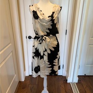 INC Black & Cream Floral Cowl Neck Tie-Waist Dress